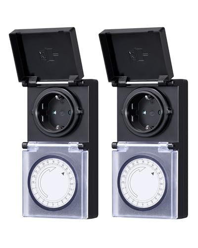 DEWENWILS Temporizador Analógico Mecánico para Exterior, IP44 Impermeable, Cerradura para Niños y Cubierta Protectora para Jardín, Bomba de Piscina, 16A / 3680W, Paquete de 2 Unidades