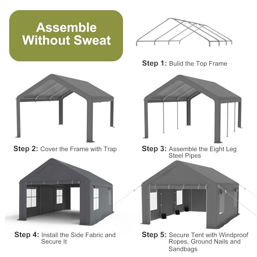 13x20ft Heavy Duty Carport, Portable Garage with 2 Doors & Roll-Up Window, Reinforced Steel Poles, Uv Resistant Waterproof Tarp, Portable Carport for Car, Truck, Boat,Motorcycle