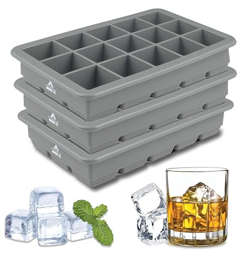 Ice Cube Tray (Pack of 3) Premium Silicone Trays Make 45 Perfect Size Cubes for Daily Use - Large ice Cube Moulds - BPA Free - Easy Release - for Freezer - Reusable - Cocktails - Ice Tray