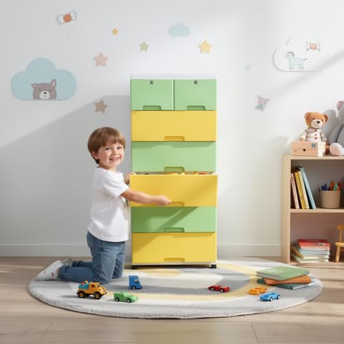 Image of The Tickle Toe 7-Drawer Plastic Chest for Kids | Child-Safe Storage Cabinet with Locks | Organizer for Clothes & Toys | 51L x 33W x 121H cm (Yellow Green)