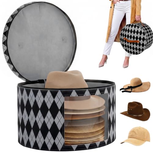 Hat Box with Lid 43x43x26cm Large Round Felt Hat Storage Box with Clear Window and Handles Foldable Travel Organiser for Cowboy Hats Sun Hats Fascinators Wardrobe Storage (Black gray-Rhombus)