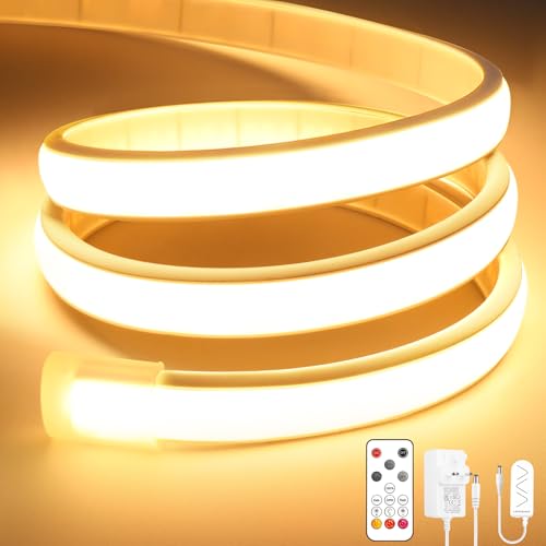 Lamomo COB LED Strip Light, 2M Warm White Dimmable Led Lights Strip with Remote, Flexible Waterproof Silicone Neon Rope Light for Bedroom, Kitchen, Outdoor, 3000K, 24V, CRI90+, UKCA Transformer