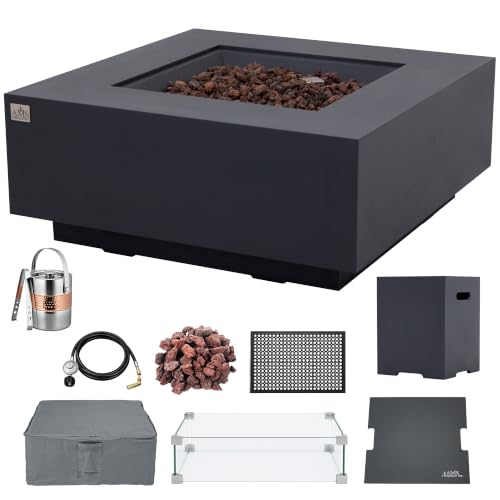 Image of AMS Creations | Brooklyn 40 inch Bundle Square Propane Gas Outdoor Fire Pit Table | Dark Gray Concrete GFRC Smooth Texture Surface Fire Pit Table