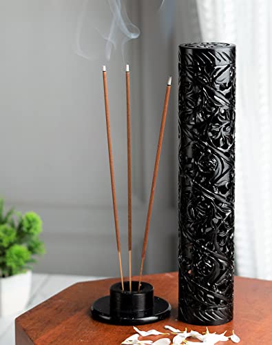 Crocon Handmade Black Marble Soapstone Incense Stick Burner Round Shape Elephant & Leaf Design Tower Burner | Candle Stick Holder | Decorative Home & Kitchen Best Gift Size - Lxwxh (7X7X26) Cm #TOP16