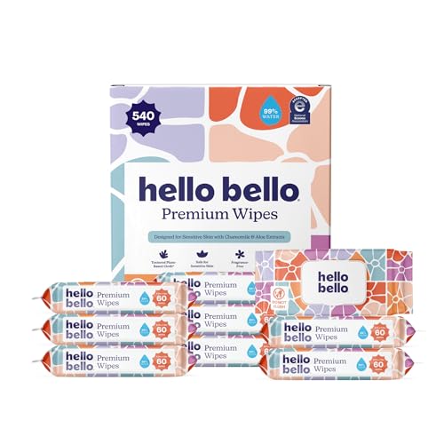 Hello Bello Premium Wipes Designed for Sensitive Skin with Chamomile & Aloe Extracts Flower Pop (9 Resealable Packets = 540 Total Wipes)