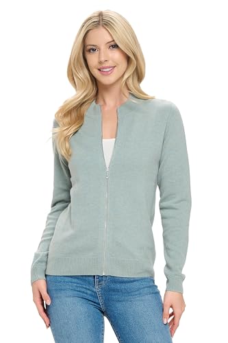 Women's 100% Cashmere Soft Long Sleeve Crew Neck Open Zip Cardigan