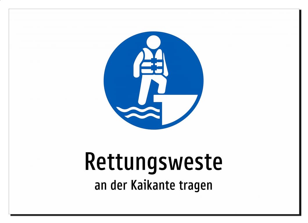 33033-DE-S-08 | Rettungsweste - an der Kaikante tragen | Aluminiumschild A3, 420 x 297mm | mit Symbolgrafik und Text