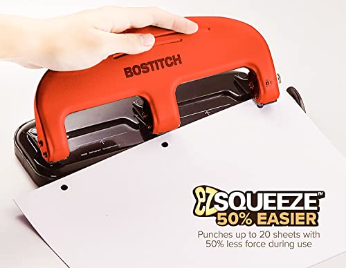 Image of Bostitch Office EZ Squeeze 20 Sheet Standard 3 Hole Punch, Metal Construction, Red (2220-RED)