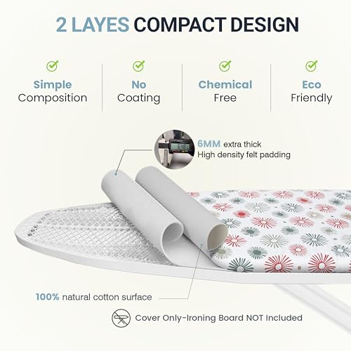 Image of Ironing Board Cover and Pad 15 inchx54 inch Extra Thick Natural Cotton, Scorch and Stain Resistant Padding, Standard Size Iron Board Cover with Fasteners Heavy Duty Elastic Edge, Heatproof Sunflora