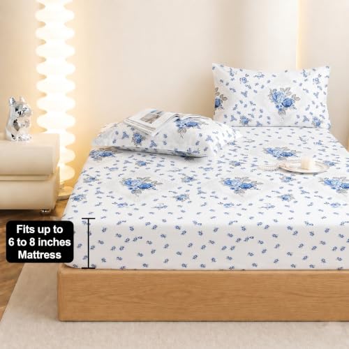 Image of IVAZA Ezyption Cotton Super Soft 240 TC Elastic Fitted All Around Elastic Printed King Size Double Bed Bedsheet with 2 Pillow Cover 72 inch X 78 inch3 Blue White Flower