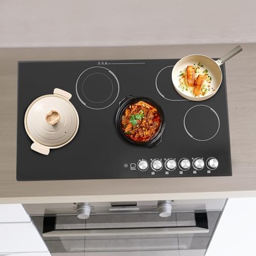 36'' Electric Cooktop 5 Burner, 110V 4800W Built-in/Desktop Radiant Electric Stove Top with 5 Power Levels, Timer, Child Safety Lock, LED Display Screen