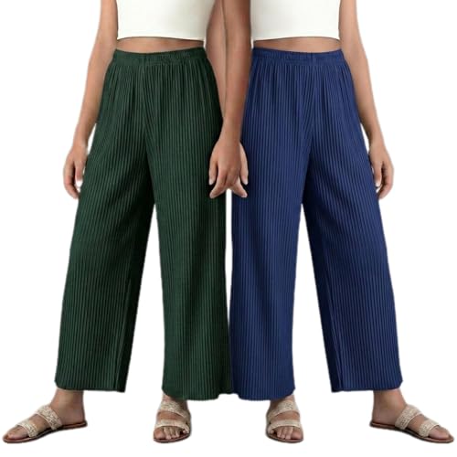 Image of Set of Combo Trouser and Pants for Girls and Women's Relaxed Fit Stretchable Regular Fit Palazzos Lightweight Elastic Waistband Bottoms for Daliy Office & Casual Wear