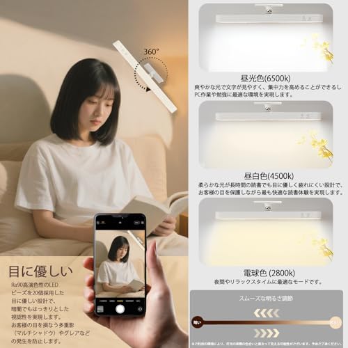デスクライト LED 360°角度調節 マグネット付き 充電式 コードレス SHULEPAS タッチ式 3種類色温と無段階調光 目に優しい 読書灯 間接照明 ウォールライト ベッドサイドランプ 工事不要 簡単設置 壁掛け 賃貸 寝室 玄関 廊下 卓上 キッチン 戸棚 クローゼット 化粧鏡 停電災害対策【PSE認証済み 】 [4]