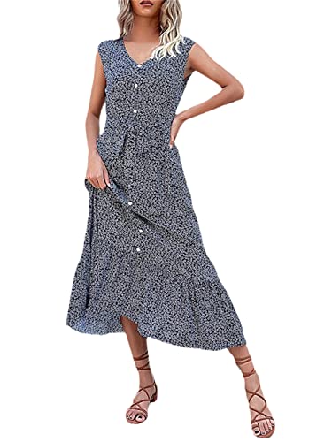 Robe d'été col en V fluide et son imprimé floral marine