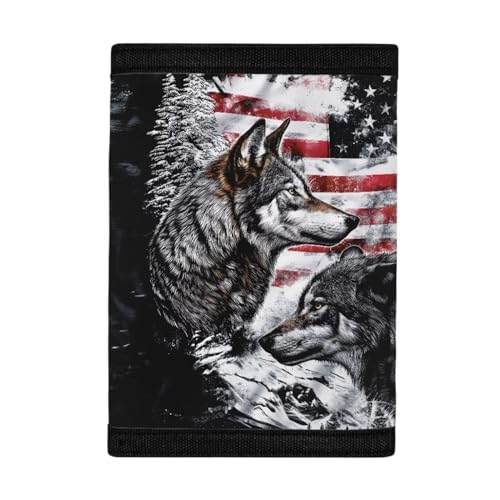 COEQINE Boys Wallets For Kids 9-12，Wolf American Flag Themes Moneybag With Coin Pocket for Women Men Cool Birthday Gift3