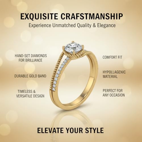 Image of Choose Your Gemstone Rope Split Shank Diamond CZ Ring Yellow Gold Plated Round Shape Split Shank Engagement Ring Minimal Modern Design Birthday Gift Wedding Gift US Size 4 to 12