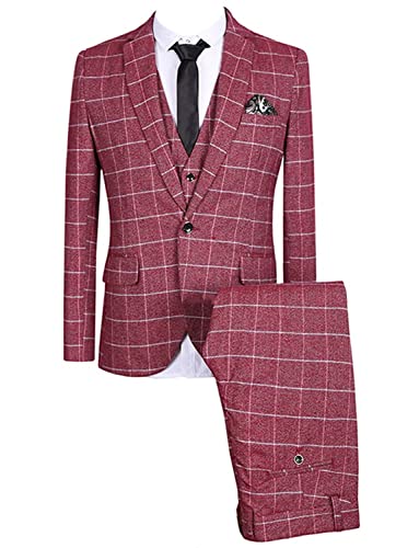 Costume homme 3 pièces à carreaux coupe ajustée veste un bouton gilet chic