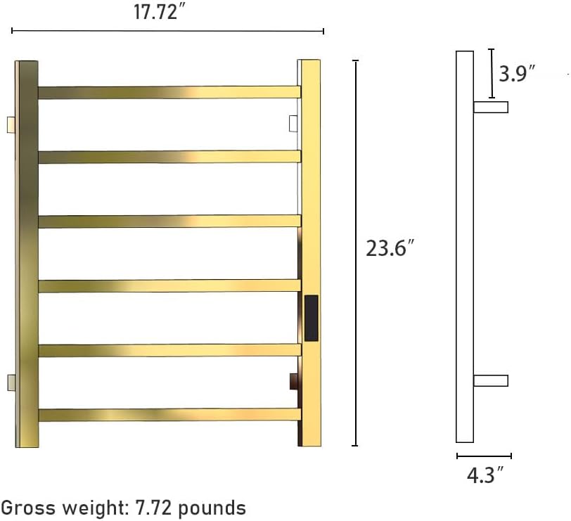 Towel Warmer Heated Towel Rack Bathroom Towel Rack Wall Mount Plug-in/ 6 Bar Square Tube Bath Towel Heater (Brushed Gold- Timer)