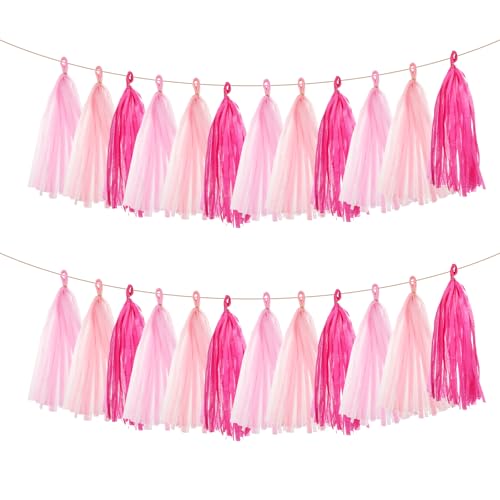 15Pcs Tassels Paper Pink Party Tassel Garland Banner Table Decor for Party Decorations, DIY Kits for Girls Women Birthday Wedding Bridal Shower Bachelorette Anniversary (Pink Rose Red)