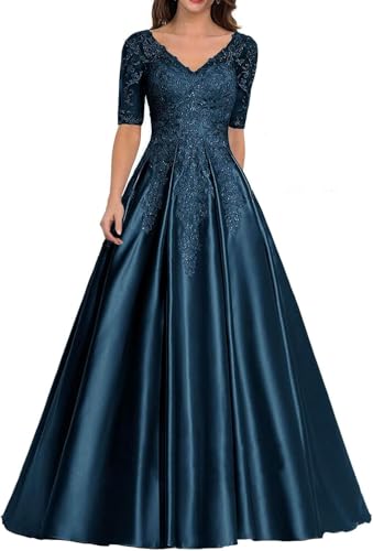 Mother of The Bride Dress Long Satin Prom Dresses Lace Applique Formal Evening Gown with Sleeve for Women