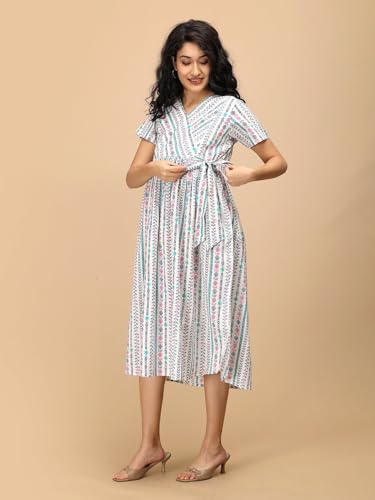Image of The Mom Store Maternity and Nursing Dress | Pre and Post Pregnancy Dress for Womens | Zipper /Button Opening | Causal Wear | Trendy Stylish Causal Dresses for New Moms