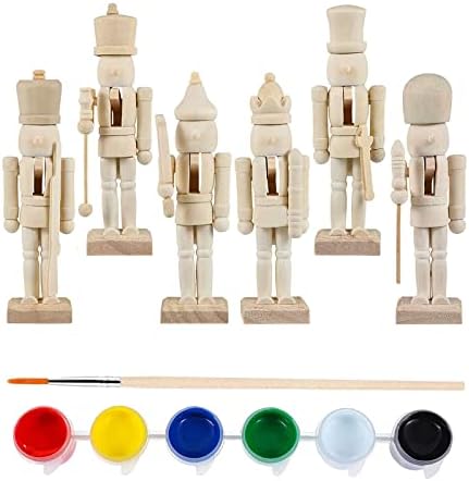 AURONUT DIY Wooden Christmas Nutcrackers, 6 pcs Unfinished Coloring Christmas Nutcracker Ornaments, Unpainted Puppet Walnut Soldier with Paint & Brush for Xmas Decoration