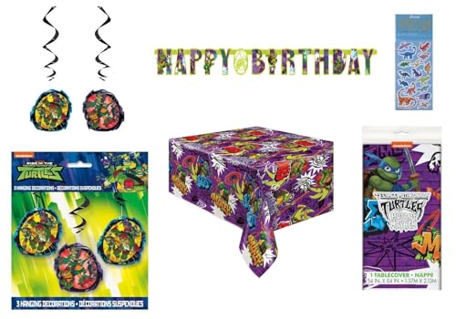 TMNT Teenage Mutant Ninja Turtles Birthday Party Decoration Set includes 1 Happy Birthday Banner, 3 Hanging Swirl Decorations, 1 Table Cover, 1 Dinosaur Sticker Sheet