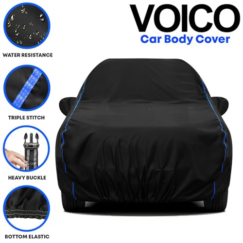 Image of Water-Resistant Dustproof Car Cover for Maruti Swift VXI - Mirror Pocket, UV Protection, Scratch Guard, Buckle Belt, Front & Back Bottom Elastic with Blue Piping - Black