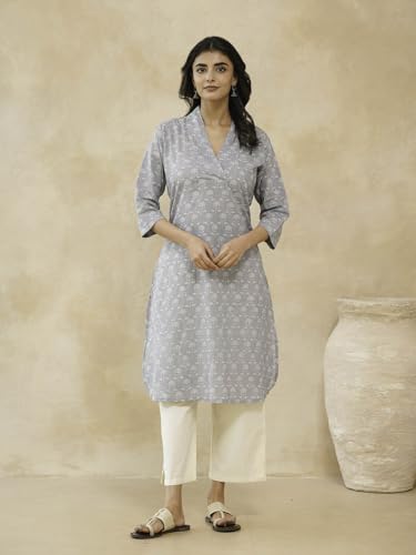 Image of GOODHAND Women Cotton Block Printed Kurta, Straight Fit Ethnic Kurti for Daily,Office & Casual Use