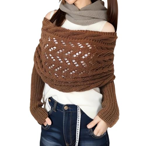 Women's Multifunctional Scarf with Sleeves Knitted Cable Wrap Boho Crochet Cocoon Shrug Sweater Scarf with Sleeves