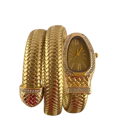 Image of Snake Wrap Watch for Women | Gold Plated Stainless Steel Bracelet Watch | Brown Leather Strap | Quartz Analog | Crystal Accent Dial