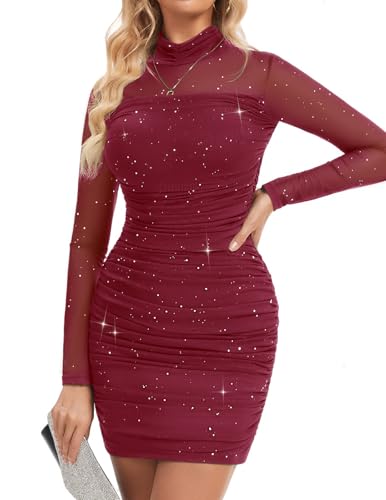 Meetjen Women's Mesh Sequin Ruched Long Sleeve Dresses Glitter 2025 Turtle Neck Party Bodycon Short Dress Burgundy M