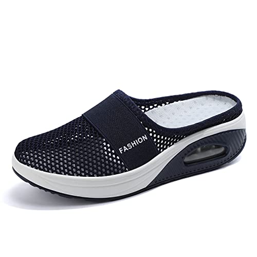 Zapatillas para Adelgazar Tamaño Zapatillas para Caminar Forma Cojín de Aire Zapatos de Aire Ligero Engrener elástico Deportes en Yoga Slip On Entrenadores en Malla Verano,Azul Oscuro,EU39