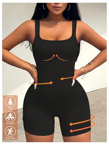 Image of WDIRARA Women's Workout Romper Gym Yoga Unitard Square Neck One Piece Shorts Jumpsuit