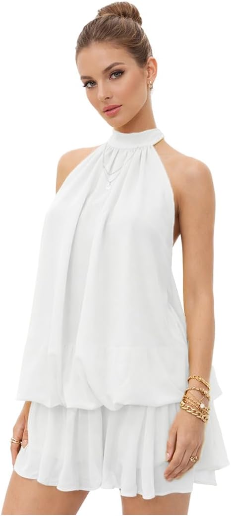 Chiffon Halter Mini Dress for Women Summer Drop Waist Ruffle Wedding Guest Dresses Party Club Brunch