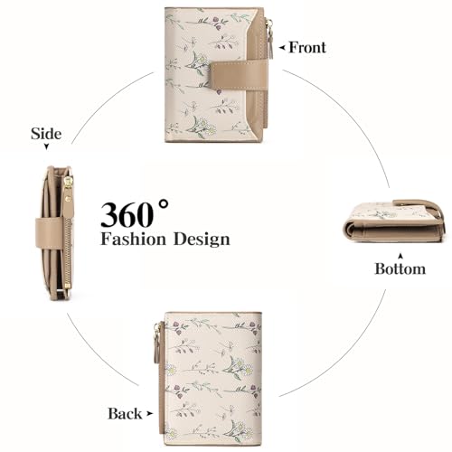 Image of GAEKEAO Small Wallets Woman RFID Blocking Vegan Leather Bifold Floral Ladies Compact Card Holder with Zipper Pocket ID Window