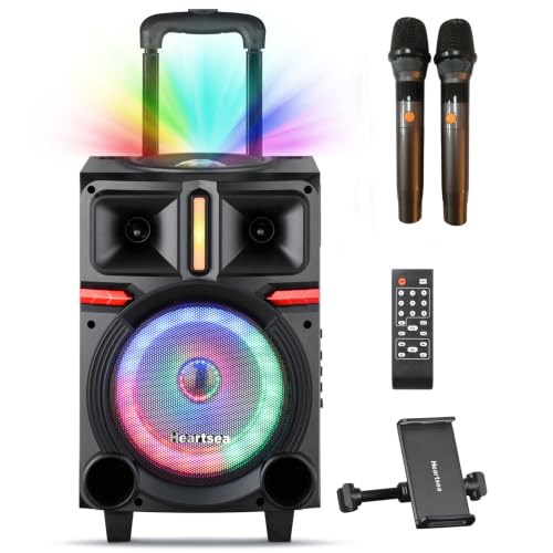 HEARTSEA Karaoke Machine, 8" Woofer Portable PA System, Bluetooth Speaker with 2 Wireless Microphones, Lyrics Display Tablet Holder, Party Lights & Echo/Treble/Bass Adjustment Support REC/AUX/USB/TF