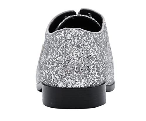 Amali Lawrence - Men's Glitter Dress Shoes - Glitter Cap Toe Oxfords, Lace Up Mens Dress Shoes (Silver/Size 8.5) #TOP4