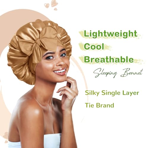 BONNET QUEEN Silk Bonnet for Sleeping Women Satin Bonnet Night Sleep Cap Wrap for Curly Hair with Adjustable Tie Band,Gold