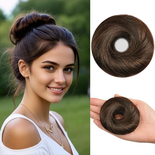 Human Hair Bun Messy Bun Straight Hairpiece 100% Real Human Hair with Elastic Rubber Band for Women Bun Extensions (#2 Dark Brown)