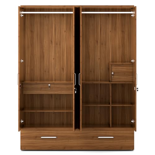 Image of Spacewood Linden Wardrobe | 3 Year Warranty | Almirah, Cupboard, Almari, 4 Door Wardrobe with Mirror, 3 Drawer (1 Lock Drawer) and 2 Hanging Space & 1 Internal Locker |Engineered Wood| Natural Teak
