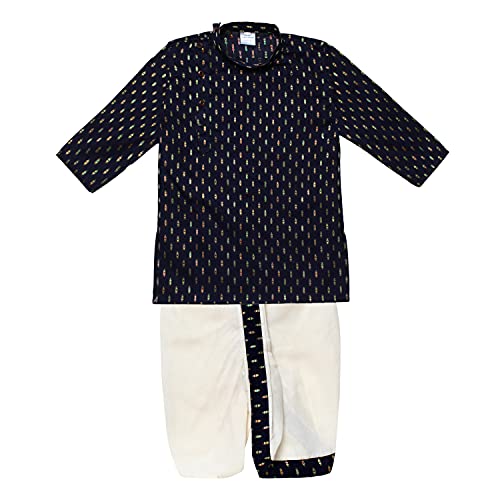 Image of superminis Boy's Cotton Kurta with Dhoti - Golden Thread Work, Solid Round Collar, Full Sleeves, Side Button Kurta Set for Ethnic Wear