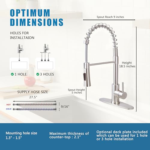 Image of KINGO HOME Kitchen Sink Faucet with Pull Down Sprayer, Brushed Nickel Stainless Steel Bar Faucet Single Handle, Commercial Pull Out Faucets for Kitchen Sink, Laundry Bar RV Camper Outdoor
