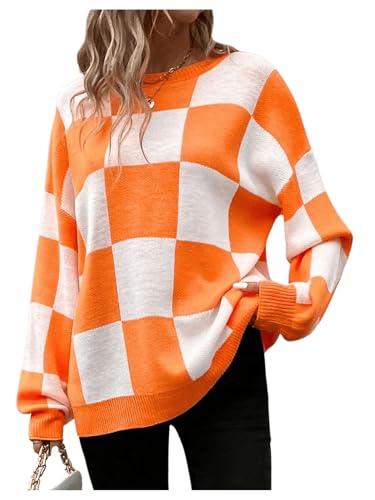 SHENHE Women's Checkered Color Block Oversized Sweater Plaid Crew Neck Drop Shoulder Pullovers