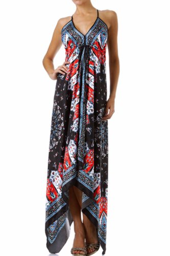 Silk Feel Handkerchief Hem Criss Cross Back Adjustable Maxi/Long Dress