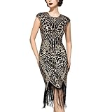 SWEETV Women's Flapper Dresses 1920s Great Gatsby Dresses Sequin Fringed Roaring 20s Cocktail Dress Black-Gold Large