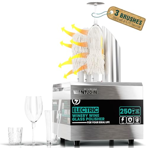 WantJoin Commercial Wine Glass Polisher Machine 330 Cups/Hour 1300W Automatic Dryer with 3 Brushes 304 Stainless Steel & Soft Cotton Brushes for Bar Restaurant Kitchen