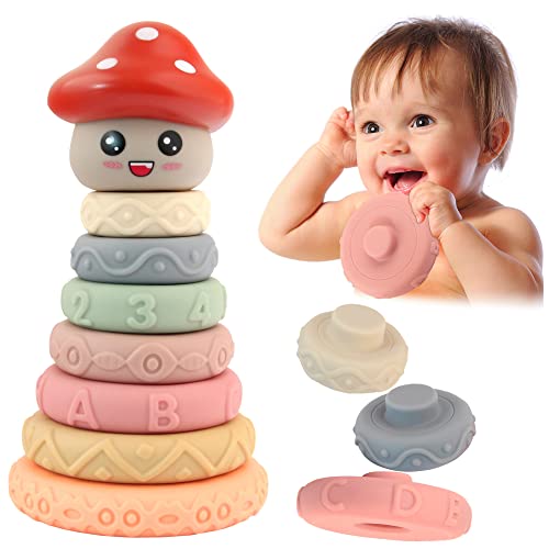 Image of 8PCS Montessori Toys for Babies,Teething Toys for Babies 0-6 Months 6-12 Months, Early Educational Learning Stacking Tower, Sensory Toys for Toddlers 1-3, Soft Rings Stacker & Teethers(mushroom)