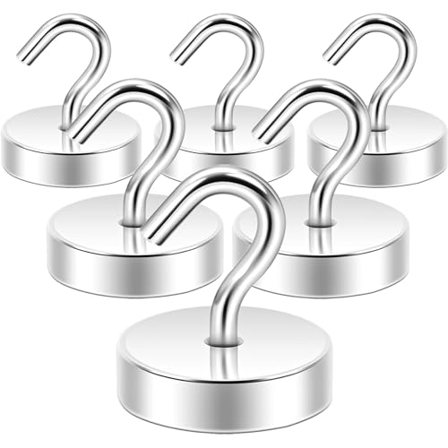 Neosmuk 60lb+ Extra Strong Magnet with Hook for Fridge Heavy Duty Cruise Hook for Ceiling Small Magnetic Holder for Van Tool(Silver Pack of 6)