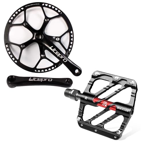 BUCKLOS Folding Bike Crankset 170mm, 130 BCD Round Single Speed Chainring 53T, MTB Flat Pedals Mountain Bike Pedals, 3 Bearings Adult Road Bike Bicycle Platform Pedals